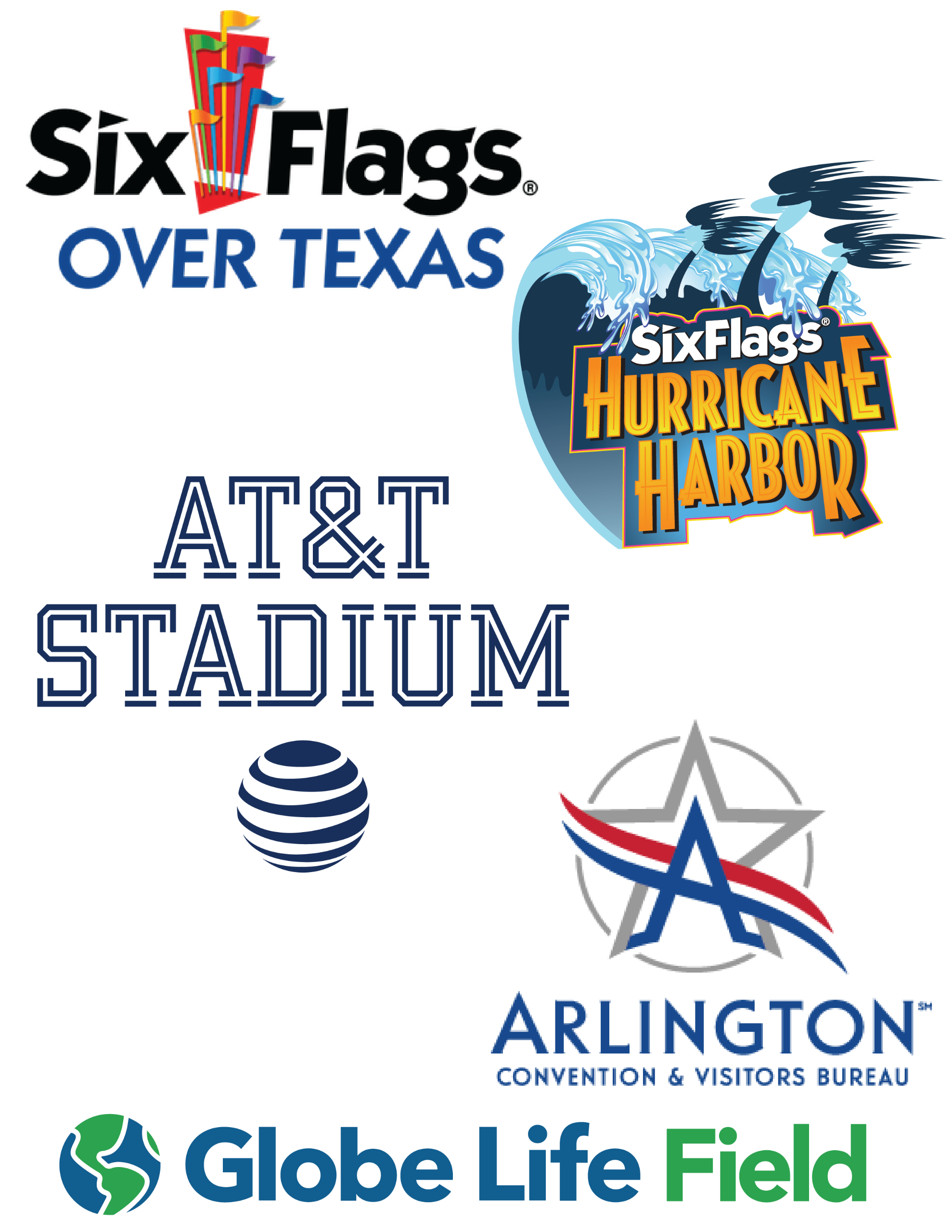 Logos for the places the District serves: Six Flags Over Texas, Hurricane Harbor, At&T Stadium, Globe Life Field and Arlington Convention & Visitors Bureau.