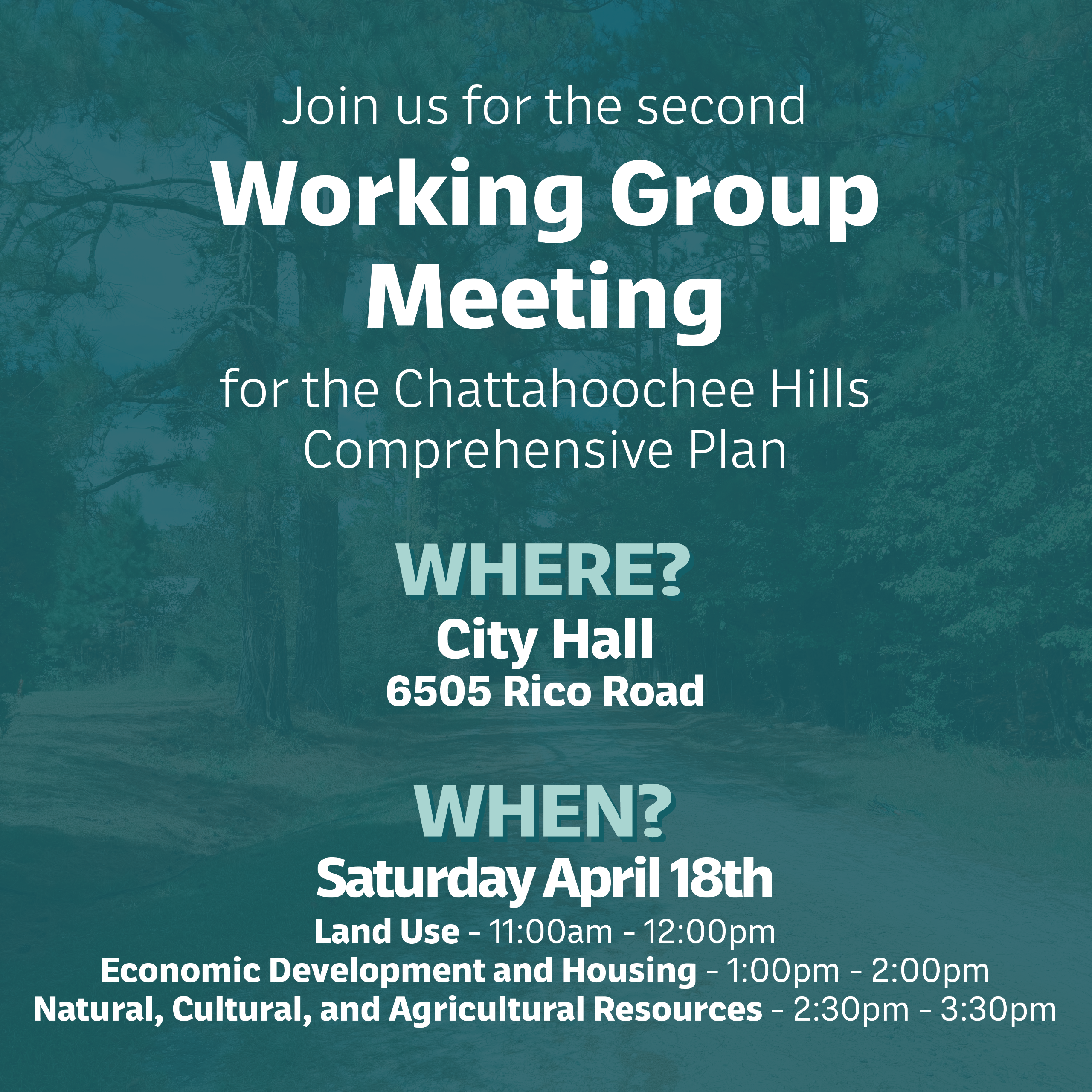 Join us for the second Working Group Meeting for the Chattahoochee Hills Comprehensive Plan! The meetings will occur at City Hall, 6505 Rico Road, on Saturday, April 8th between 11:00am and 4:00pm.